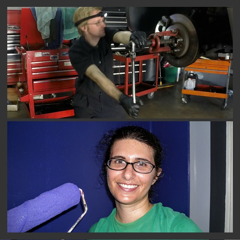 Andrew - Working on a car, Bethany - Painting the shop